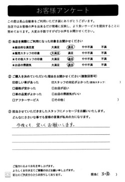 2023年10月15日の有限会社長山自動車整備工場 軽未使用車専門店のお客様